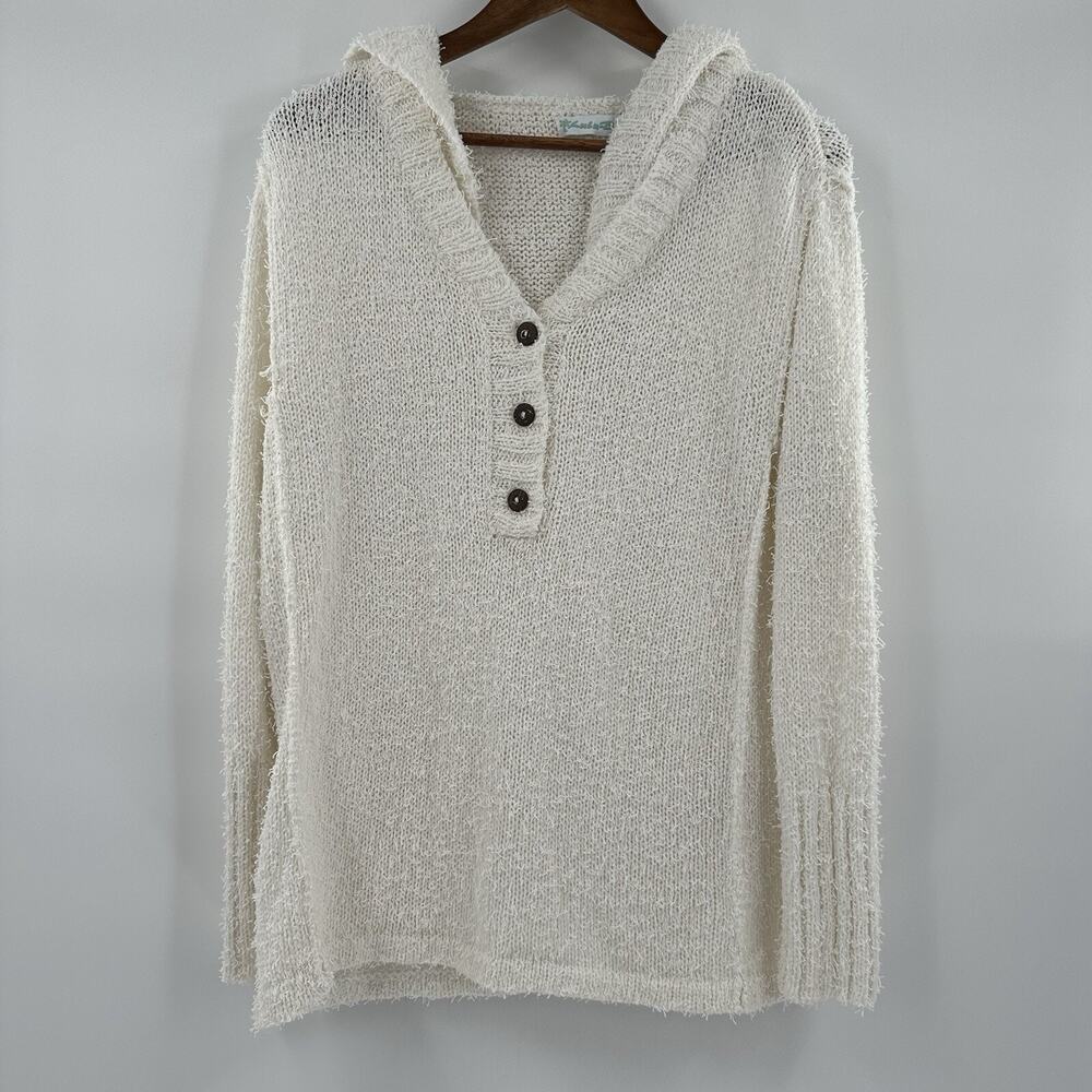 Lulu B Sweater Womens Large White Popover Open Knit Beachy Coastal Hoodie Soft